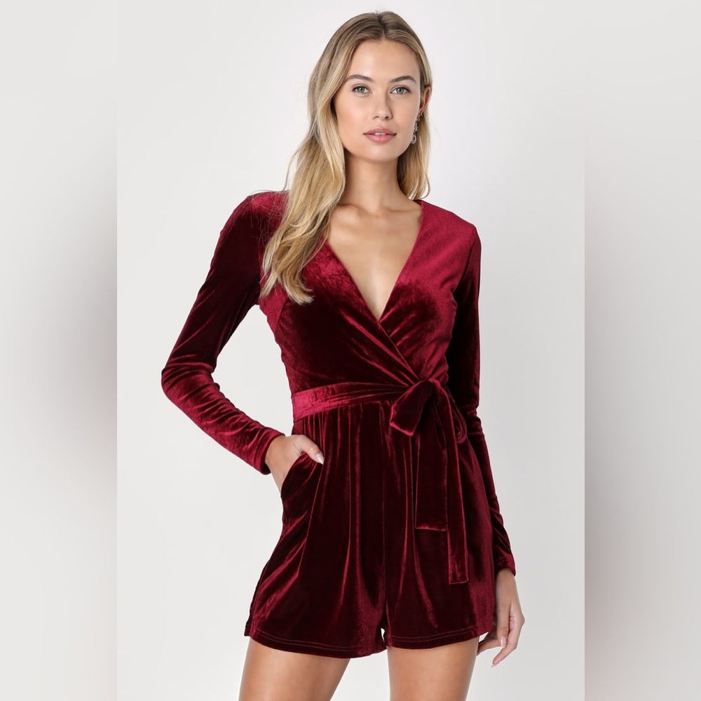 Lulus Romantic Moves Burgundy Velvet Long Sleeve Romper